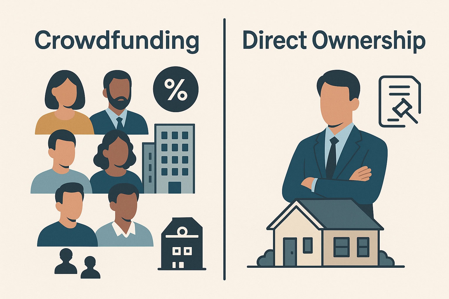 رسم بياني للمقارنة يُظهر مقارنة بين منصات التمويل الجماعي مقابل امتلاك عقارات للإيجار مباشرة، مع تسليط الضوء على مزايا التحكم والمزايا الضريبية.