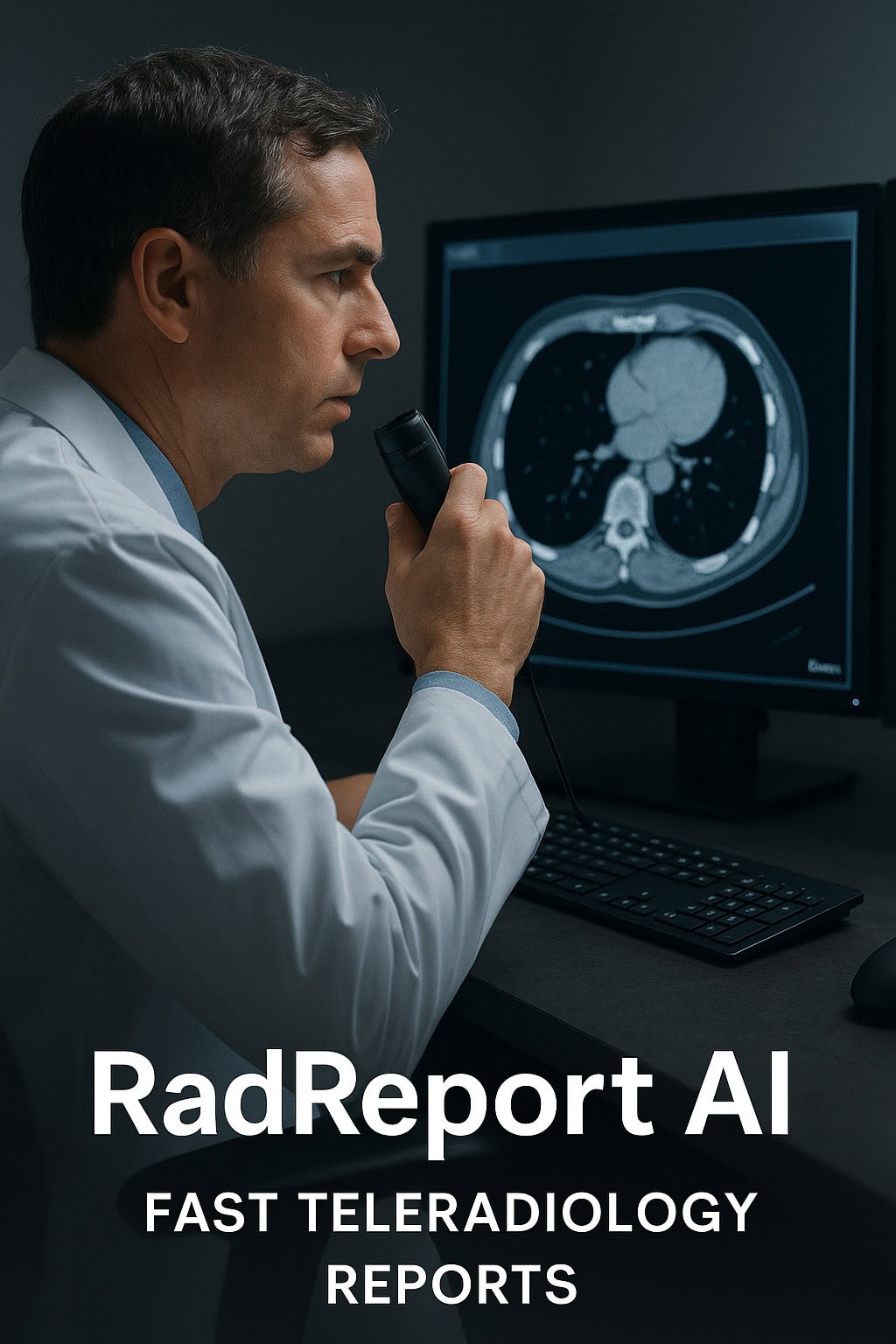Radiologist reading a teleradiology report with the help of AI and RadReport AI
