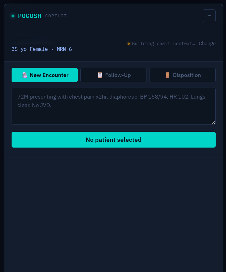 The Pogosh copilot note writer inside OpenEMR, offering New Encounter, Follow-Up and Disposition note types.